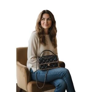 Chanel Leather Quilted CC Logo Pearl Chain Around Flap Shoulder Bag Black